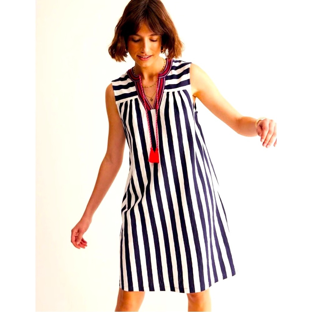 Boden Navy and White Striped Dress with Pink Accents